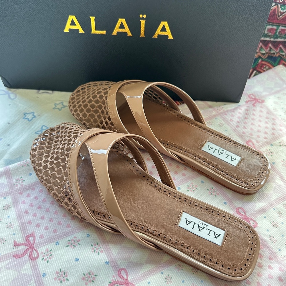 Alaia Nude Patent & Mesh Slide Sandals